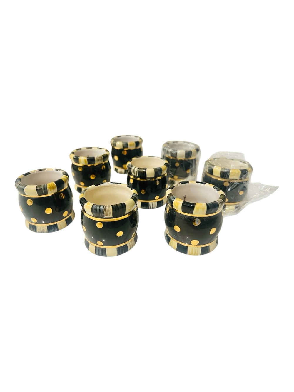 MacKenzie-Childs Black Tie Courtly Stripe Ceramic Napkin Rings Gold Dot Set Of 8